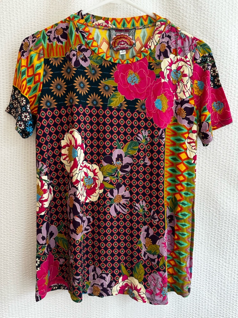 Johnny Was Maggie Bamboo Pink Floral Patchwork Print Tee Short Sleeve Top Small